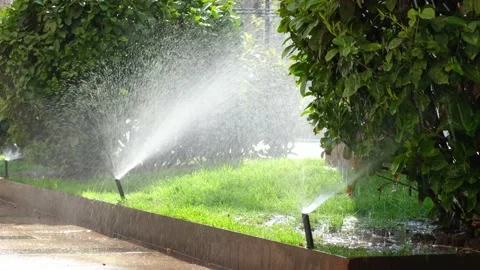 Close-up of an automatic lawn watering system on a street in the city. Stock Footage 238755132