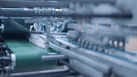 Close up, Automatic line for printing and cutting in the printing house. Vídeo Stock 197462154