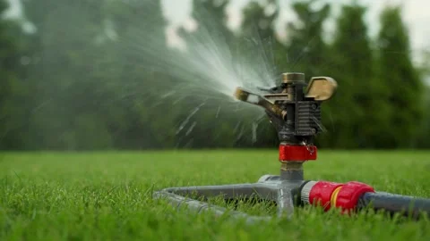 Close-up of automatic sprinklers watering lawn grass 動画素材 156182995