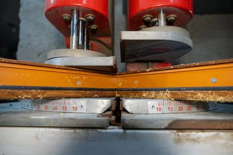 Close up of automatic welding machine for plastic window frames. Stock Photos