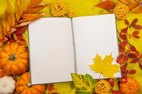 Close-up autumn composition background knitted with workspace planner blank n Stock Photos