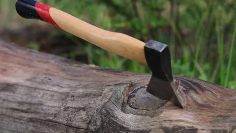 Close-up on an axe insertion in the oak log Video stock 77688326