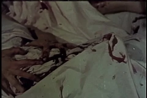 Close-up of axe murder of person in bed Stock Footage 11354159