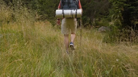Close up back of male with pole walking in Stock Footage 249656668