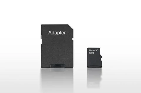 Close up back of micro sd or memory card and adapter isolated Stock-Fotos