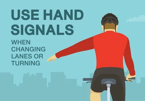 Close-up back view of a cyclist showing left turn gesture while cycling. Stock Illustration