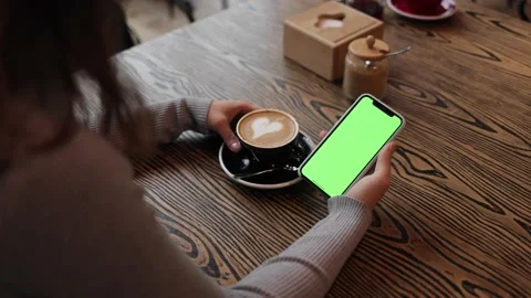 Close up back view of female hands holding smartphone with green screen for copy Stock Footage 161719582