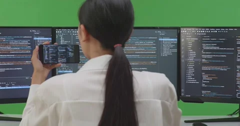 Close Up Of Back View Happy Asian Woman Developer Looking At Code On Mobile Stock Footage 231128891