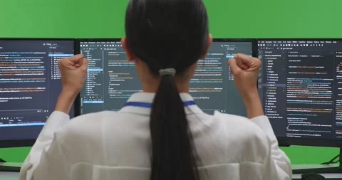 Close Up Of Back View Happy Asian Woman Developer Celebrating And Dancing While Stock Footage 231130923
