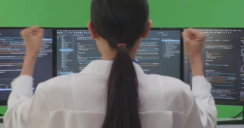 Close Up Of Back View Happy Asioan Woman Developer Celebrating While Stock Footage 231128846