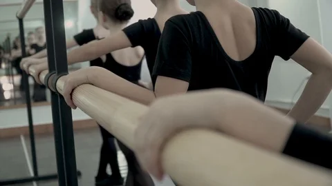 Close-up back view little ballet dancers are standing along a ballet barre. Vidéo 113529624