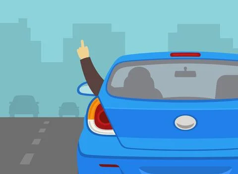 Close-up back view of a rude driver giving middle finger. Road rage. Stock Illustration