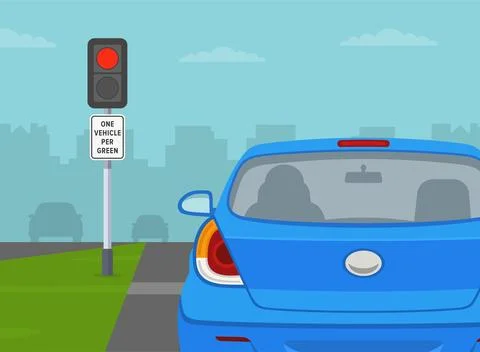 Close-up of back view of a sedan car stopped at ramp meter. Stock Illustration