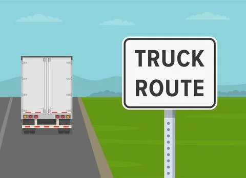 Close-up back view of a semi-trailer and "truck route" sign. Stock Illustration