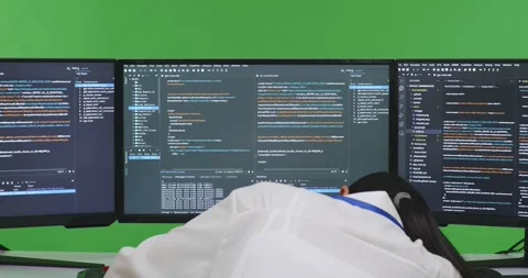 Close Up Of Back View Tired Asian Woman Developer Sleeping While Write Code With Stock Footage 231130675