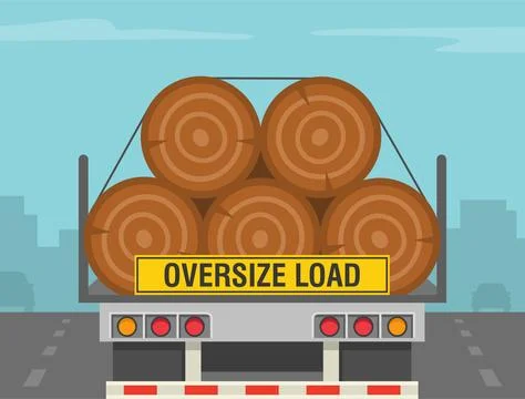 Close-up back view of a trailer loaded with huge tree trunks. Oversize load sign Stock Illustration