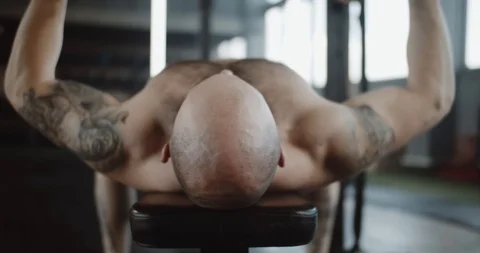 Close-up back view young bald athletic man lifting heavy dumbbells on bench Stock Footage 116783974