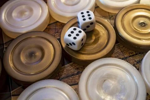 Close up backgammon game and dice Stock Photos