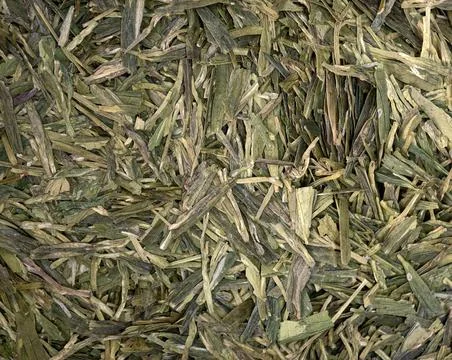 Close-up background of dried flat Longjing green tea leaves 写真素材