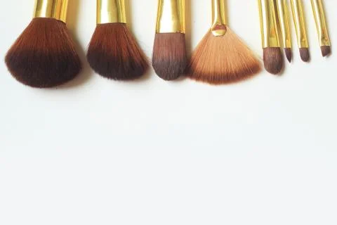 Close up. background image of a set of makeup brush set on white background Stock Photos
