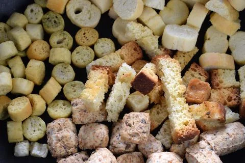 Close up on background of mixed crostini. Stock Photos