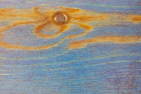 Close up background texture of horizontal wooden plank stained with blue an.. Stock Photos