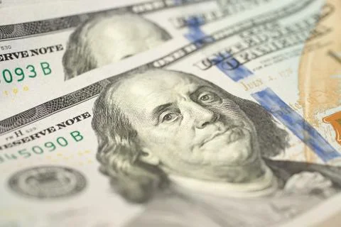 A close up background texture of new one hundred us dollar bill Stock Photos