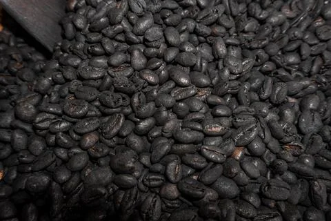 Close up background texture of shiny dark roasted black coffee beans Stock Photos