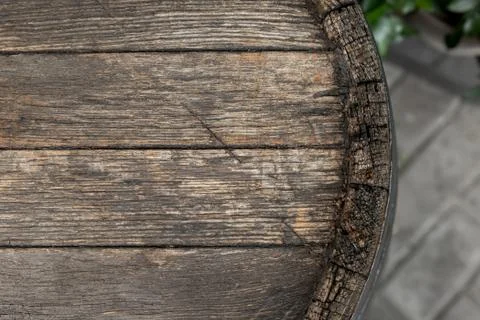 Close-up background of top of old retro vintage weathered wooden cask barrel Stock Photos