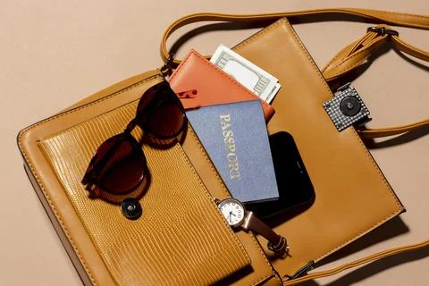Close up backpack with passport Stock Photos