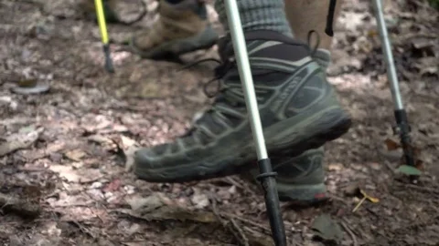 CLOSE UP BACKPACKERS FEET WALKING WITH TRECKING POLES Stock Footage 84223472