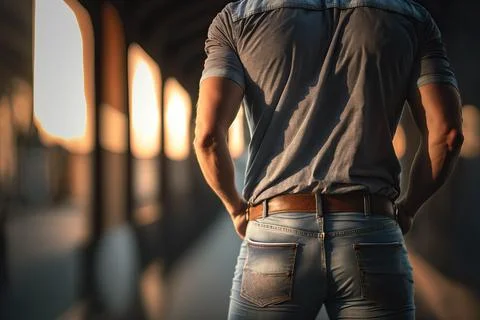 Close-up of backside of a young man in jeans, ai generated Stock Illustration