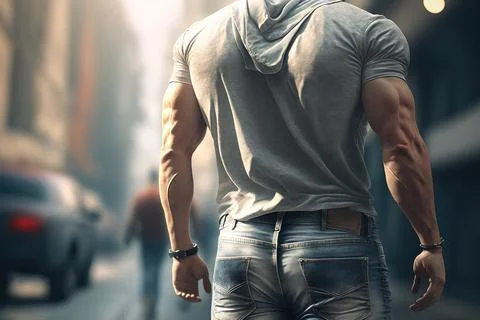 Close-up of backside of a young man in jeans, ai generated Stock Illustration