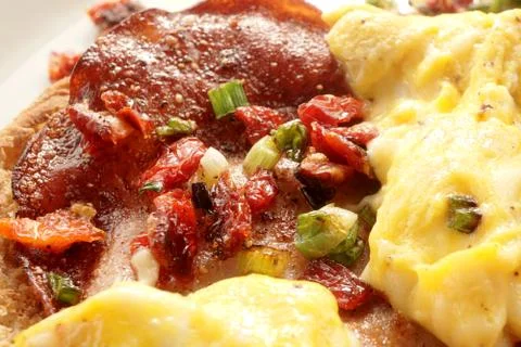 Close up bacon and egg pizza. Stock Photos