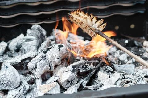 Close-up of bacon roasted over open charcoal fire with flames and glowing e.. Stock Photos