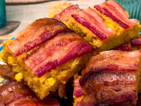 Close-Up of Bacon-Topped Cornbread Casserole Bars Stock Photos