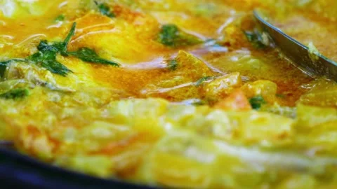 Close-up of Bahian Moqueca: Boiling with Coconut Milk and Palm Oil Stock Footage 252928624