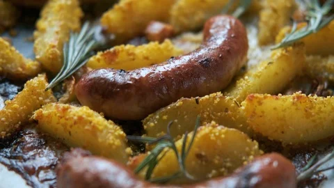 Close-up of baked sausages with slices of breaded potatoes Stock Footage 127544211