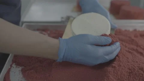 Close-up of baker decorating a white cake with red crumbs Stock-Footage 327358305