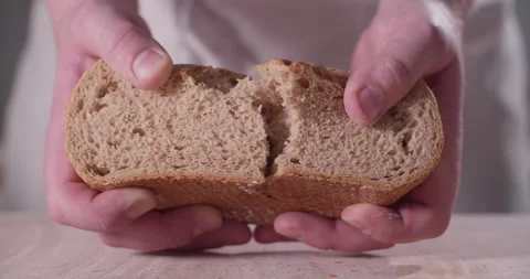 Close up of baker hands breaking homemade bread Stock Footage 156334939