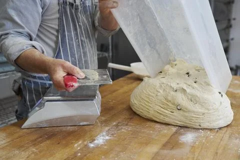 Close up of baker preparing to cut and weigh batch of dough to make individ.. Stock Photos