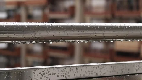 Close-up of balcony railing with raindrops, wet balcony Stock Footage 287319217