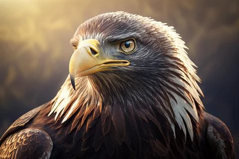 A close up of a bald eagle with a bright background and a light shining on .. Stock Illustration