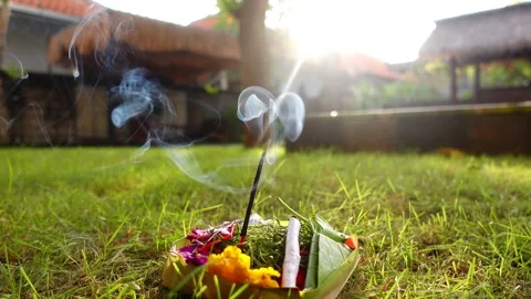 Close up of a Balinese offering on grass Stock Footage 220114266