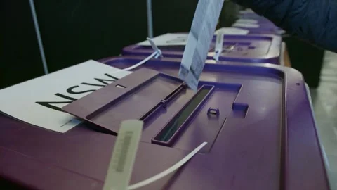 Close-up of a ballot box marked NSW at the overseas polling place Stock Footage 345299080