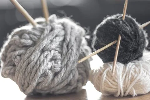 Close-up of balls of yarn. Home hobby and handicraft. Close up. Stock Photos