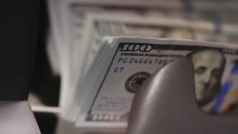 Close up of bank automatic cash counting equipment. Credit and deposit financial Stock Footage 231028860