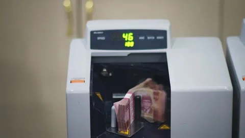 Close Up of Bank Machine Display with Cash Stock Footage 344235891