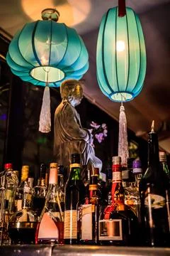 Close Up Of Bar Counter With Lanterns Stock Photos