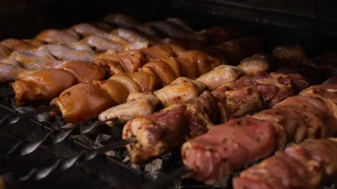 Close-up of a barbecue being prepared on a barbecue grill in a restaurant. Stock Footage 321814512
